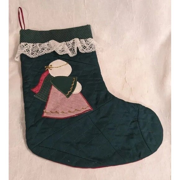2 Angels Christmas Stocking Quilted Applique Folk Art Primitive Lace Naive Pair - Picture 3 of 16